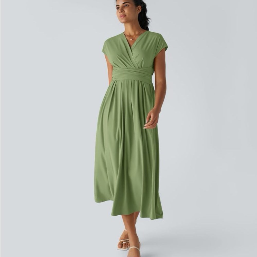 Halara V Neck Short Sleeve Pocket Tie Back Quick Dry Midi Casual Dress Green Lrg